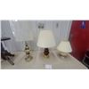 Image 1 : Set of Three Table Lamps with Pleated Fabric Shades, Ceramic, Wood, and Brass Bases