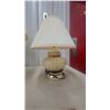 Image 2 : Set of Three Table Lamps with Pleated Fabric Shades, Ceramic, Wood, and Brass Bases