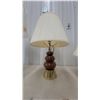 Image 3 : Set of Three Table Lamps with Pleated Fabric Shades, Ceramic, Wood, and Brass Bases