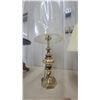 Image 4 : Set of Three Table Lamps with Pleated Fabric Shades, Ceramic, Wood, and Brass Bases
