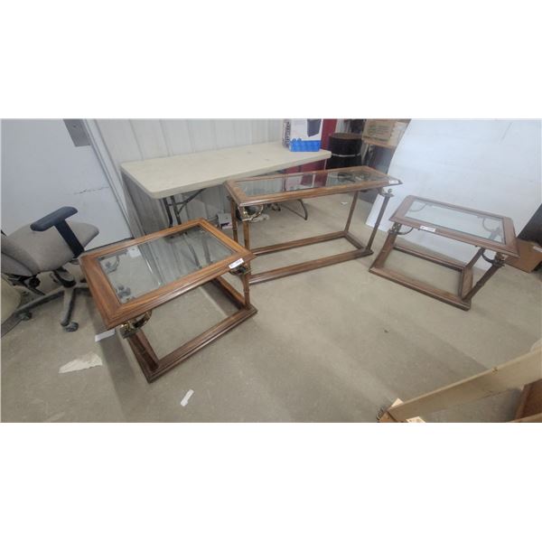 Wood framed brass and glass sofa table 28”×51”×17” and 21”×23”×29”