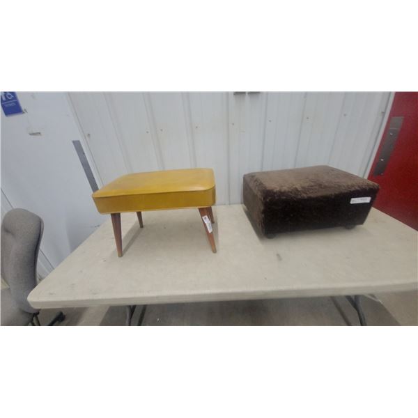 2 Mid-Century Modern Mustard Yellow Vinyl Stools with Tapered Wooden Legs