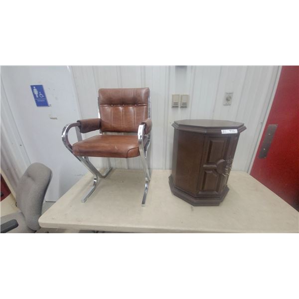 Octagonal Dark Wood Accent Cabinet End Table with Two Doors and a Chair