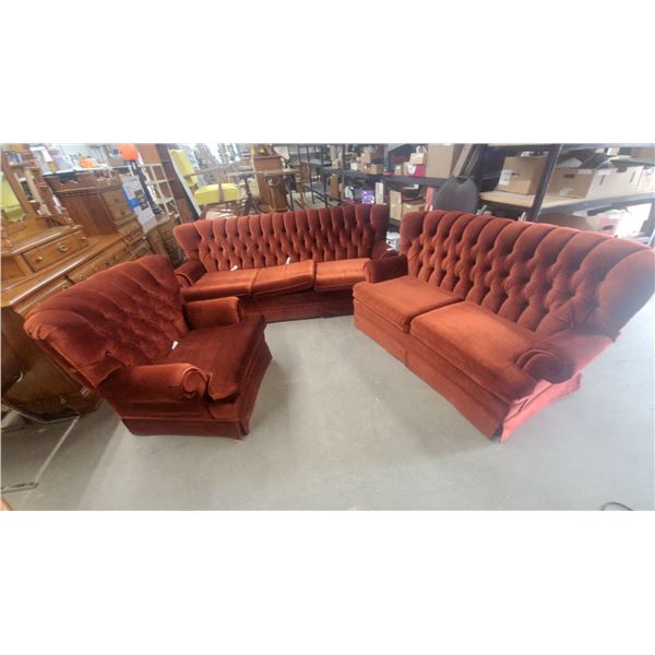 Vintage Rust Velvet Tufted Sectional Sofa and Matching Armchair