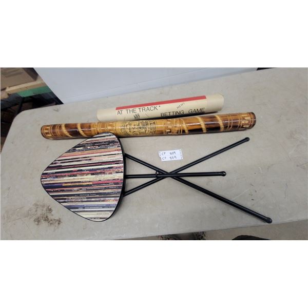 Folding Tripod Stool with Vinyl Record Print and Carved Bamboo Rainstick