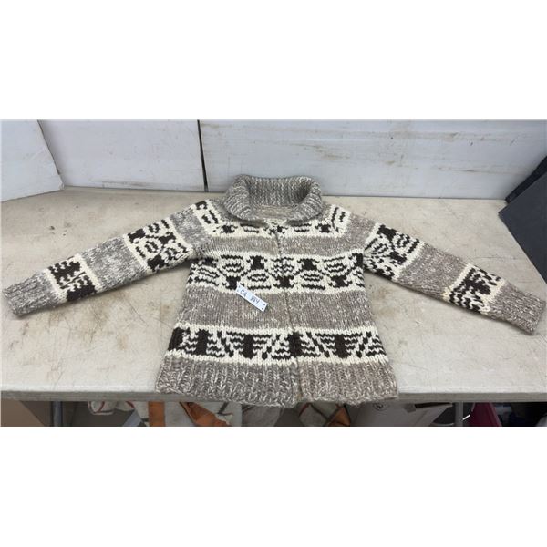 Hand-Knitted Cowichan Salish-Style Wool Zip Sweater with Collar, Sz M-L