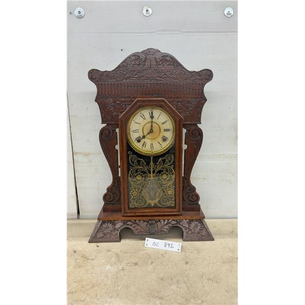 Antique Wm. L. Gilbert Carved Oak Mantel Clock With Roman Numeral Dial and Pendulum, No Key