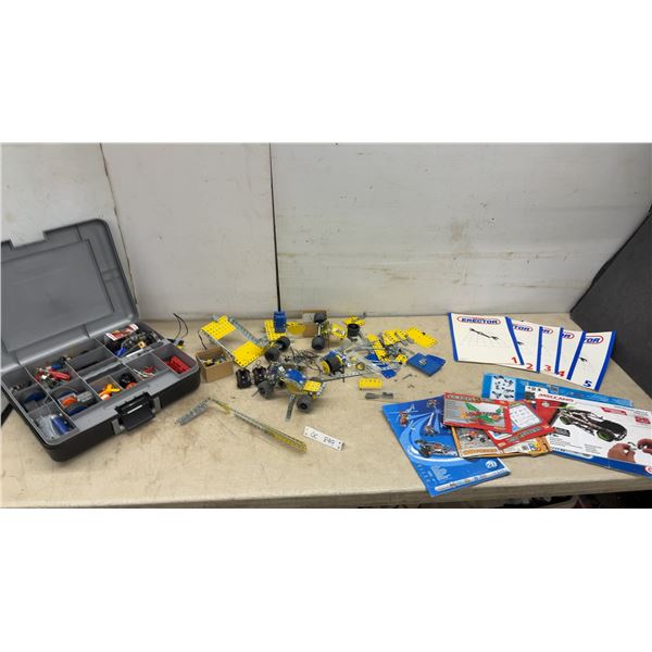Meccano and Erector Set Construction Toy Parts with Wheels, Gears, Motors, Case, and Manuals