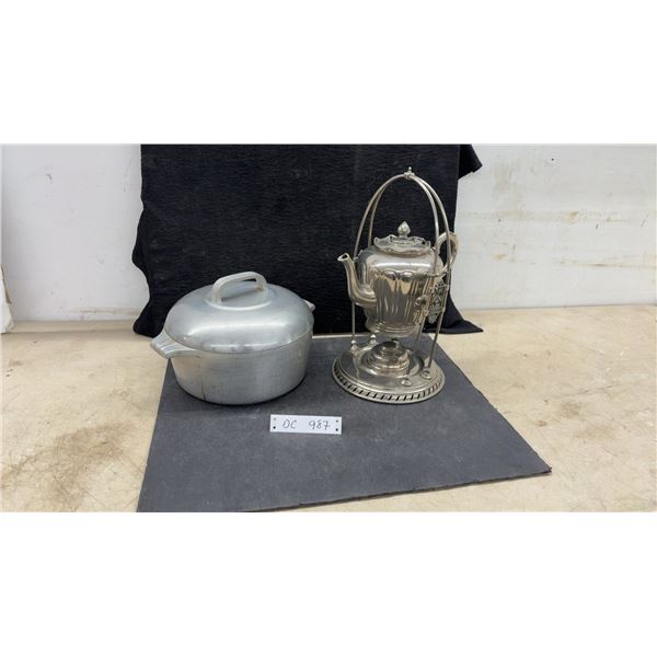 Victorian Silverplated Tilting Spirit Kettle on Stand with Burner and Aluminum Lidded Pot