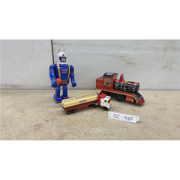 Vintage Tin Toys Including Masudaya Western 0741 Locomotive, Spaceman Robot, and Matchbox Texaco