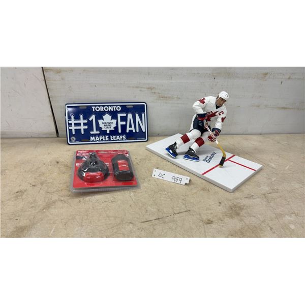 Wayne Gretzky Team Canada Figurine, Maple Leafs License Plate, and Milwaukee Chalk Reel and Refill