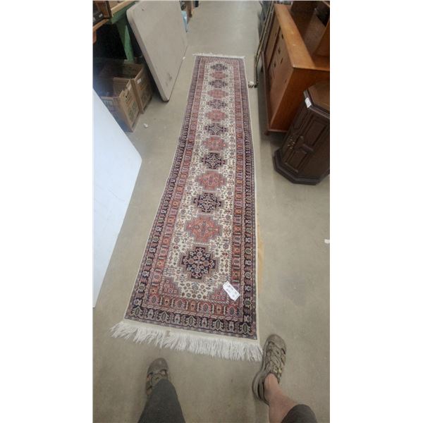 Traditional Oriental Runner Rug with Geometric and Floral Motifs, Cream, Red, and Navy, Fringed
