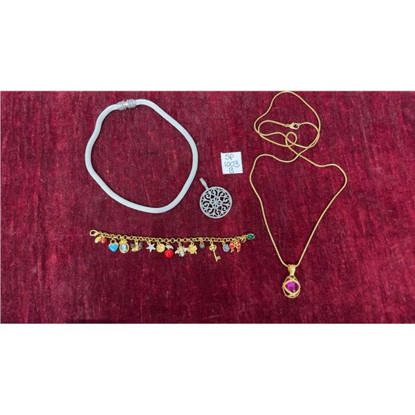 Lot of 3 Vintage Joan Rivers Medallion necklace, Bracelet and pink caged gemstone necklace