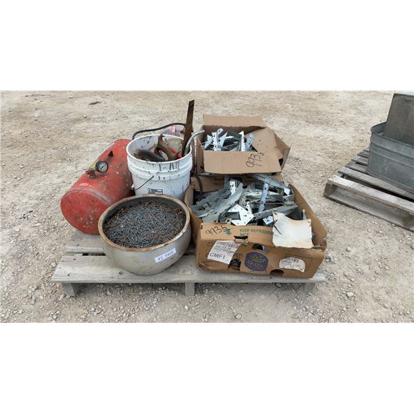 Pallet Lot: Portable Air Tank, Bucket of Hand Saws, Box of Galvanized Framing Brackets, Nails