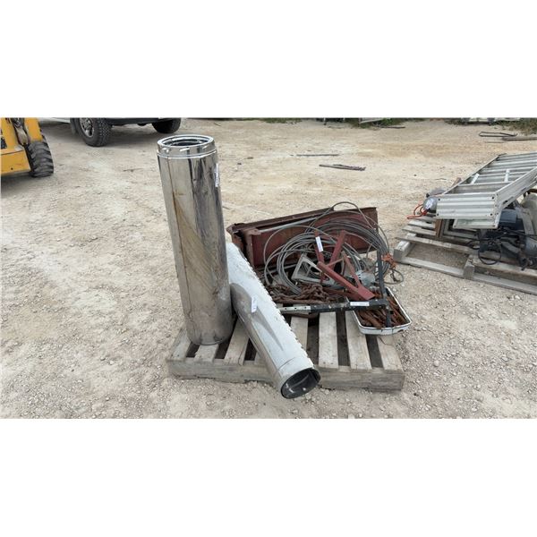 Pallet Lot: Stainless Steel Chimney Pipe Sections, Car Ramps, Crow Bars, Jack Stands, Cable