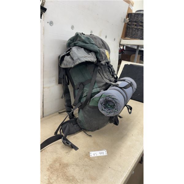 Camping Backpack with Attached Coleman Mattress Pad, Tarps, Tent Poles