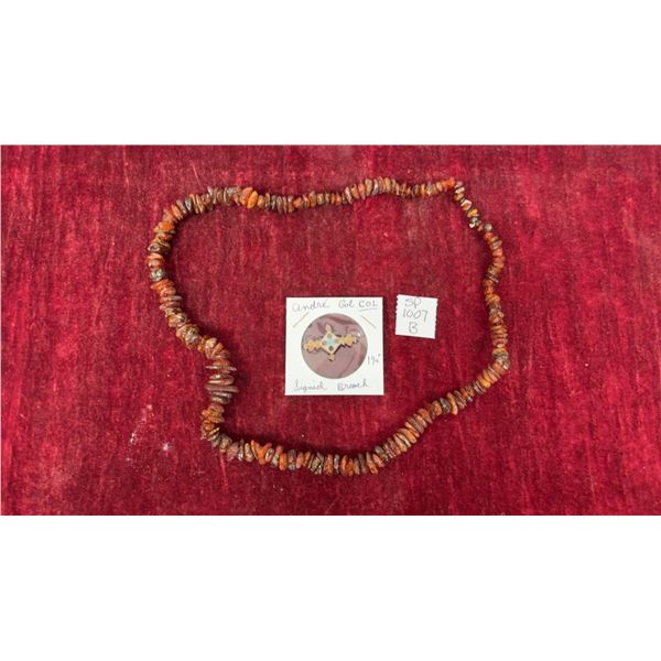 Vintage Honey brown Baltic amber necklace and Art Nouveau Andre Gol Enamel Bronze Brooch
