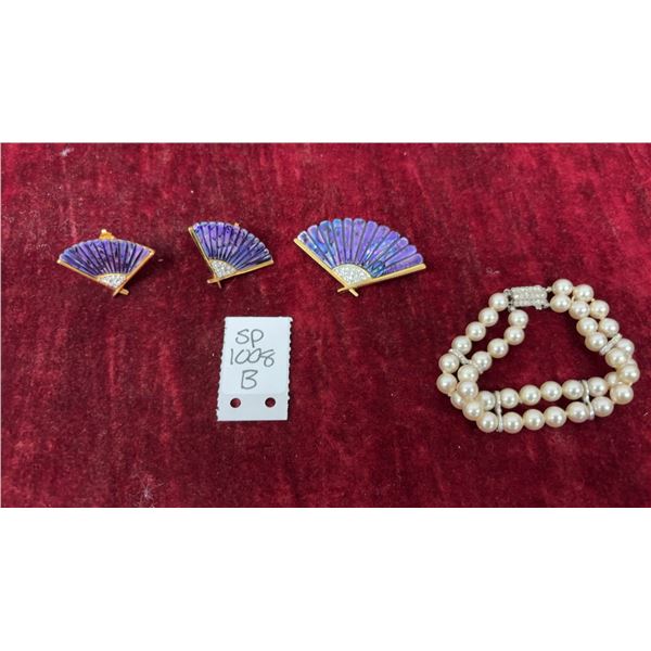 Vintage Butler Purple Abalone Shell Fan Brooch and Clip on Earrings, and Vintage Dual Strand Pearl