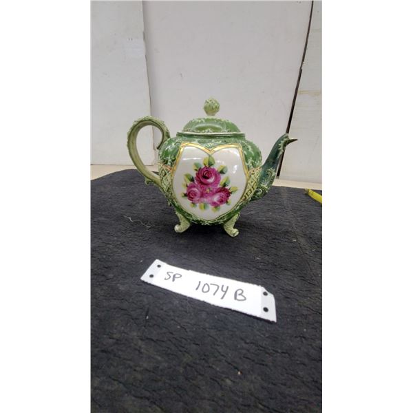 Victorian Ornate Footed Porcelain Teapot with Green Glaze, Hand-Painted Pink Roses, and Gold