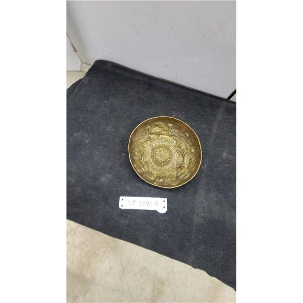 Antique Brass Repoussé Bowl with Mythical Creatures and Floral Medallion