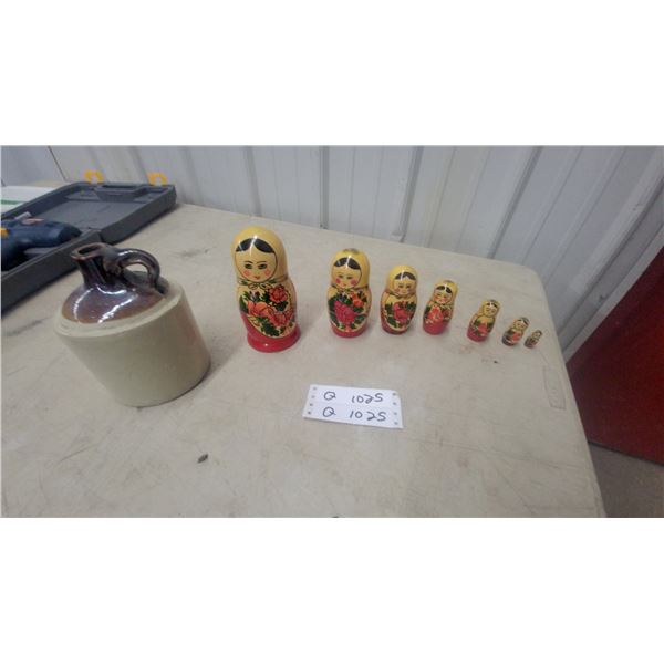 Two-Tone Glazed Stoneware Jug and Hand-Painted Wooden Matryoshka Nesting Dolls, 7-Piece Set