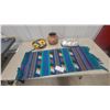 Image 1 : Woven Southwestern Textile Runner, Talavera Sunflower Bowl, Clay Pot, and Seashells