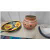 Image 3 : Woven Southwestern Textile Runner, Talavera Sunflower Bowl, Clay Pot, and Seashells