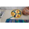 Image 4 : Woven Southwestern Textile Runner, Talavera Sunflower Bowl, Clay Pot, and Seashells