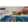 Image 5 : Woven Southwestern Textile Runner, Talavera Sunflower Bowl, Clay Pot, and Seashells