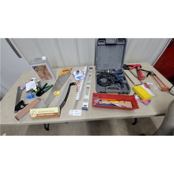 Ryobi 3/8” Corded Drill Model D42K, Hand Saws, Level, Sharpening Stone, Caulking Gun