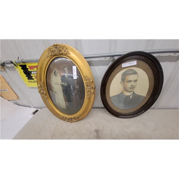 Two Antique Oval Framed Portraits, Ornate Gilt Wedding Portrait and Dark Wood Young Man Portrait 1