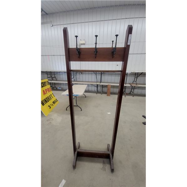 Antique Wooden Hall Tree Coat Rack with Three Cast Metal Double Hooks