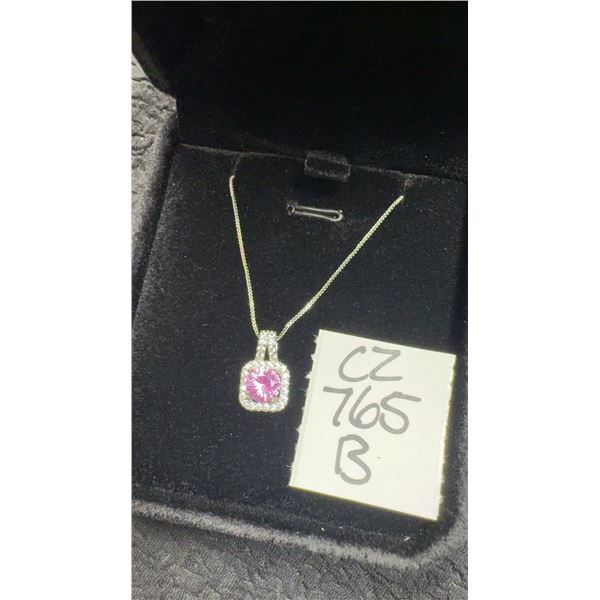 925S 0.6ct Pink Simulated Diamond Halo Necklace, 16”-18”, Sterling Silver with white gold overlay