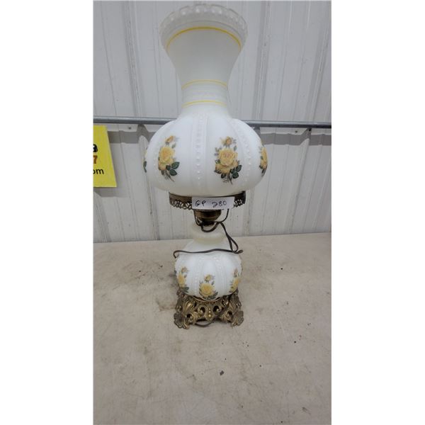 Vintage Gone With the Wind Parlor Lamp, White Milk Glass with Yellow Roses, Brass Base