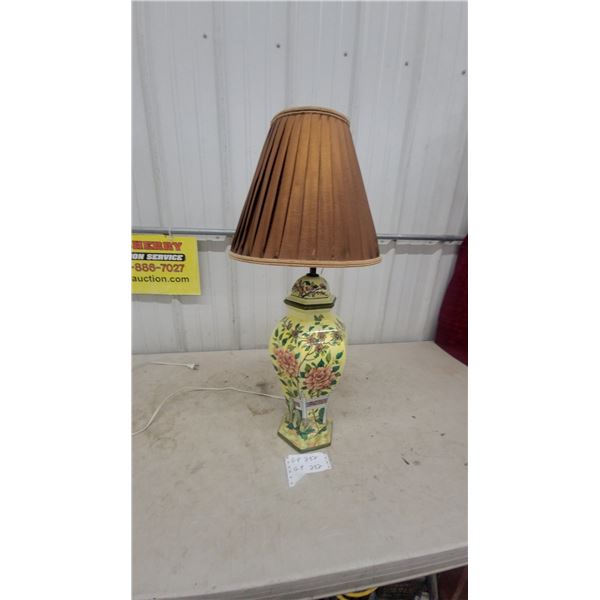Vintage Yellow Ceramic Floral Peony Table Lamp with Pleated Brown Fabric Shade