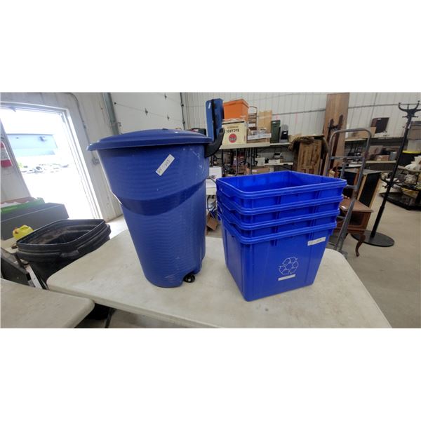 Rubbermaid Roughneck Wheeled Trash Can with Lid and Four Blue Recycling Bins