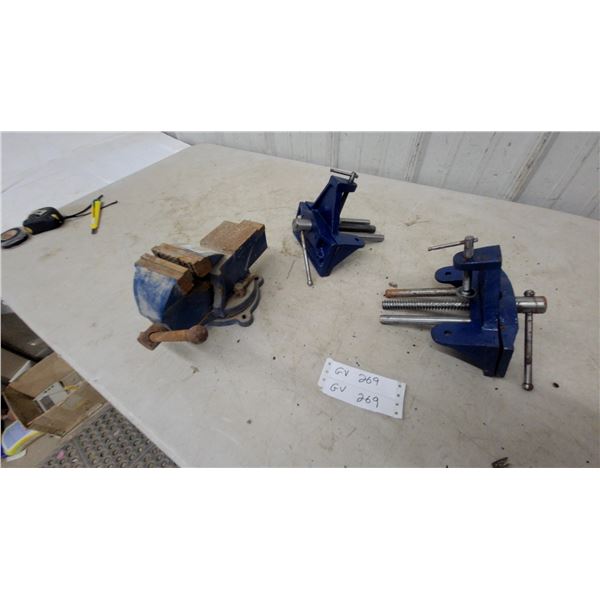 Lot of Three Blue Vises Including Bench Vise and Two wood Vises