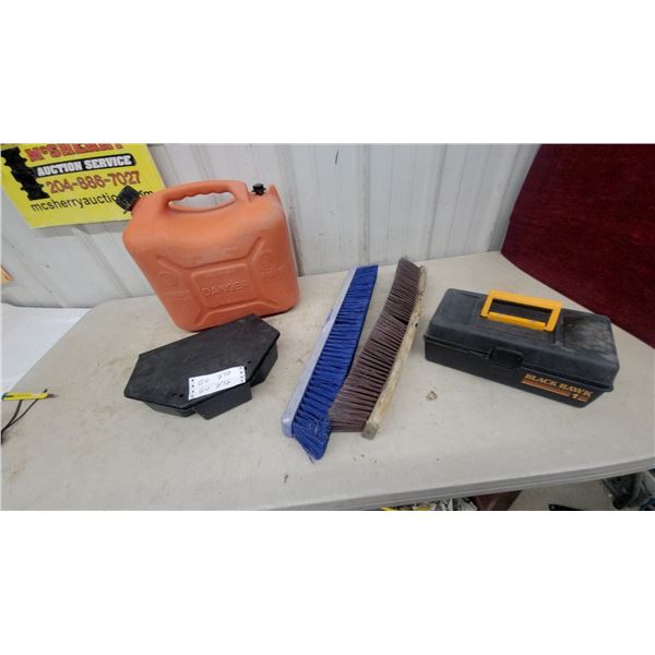 Black Hawk 1” Tool Box, Orange Gas Can, 2 Brooms, and Black Plastic Box