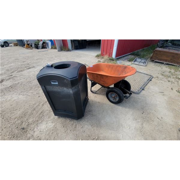 Commercial Octagonal Outdoor Waste Receptacle with Ashtray and Orange Wheelbarrow double wheel