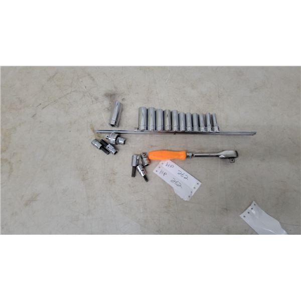 Snap-On Ratchet, and 18 Socket Set, and Hex Bit Sockets