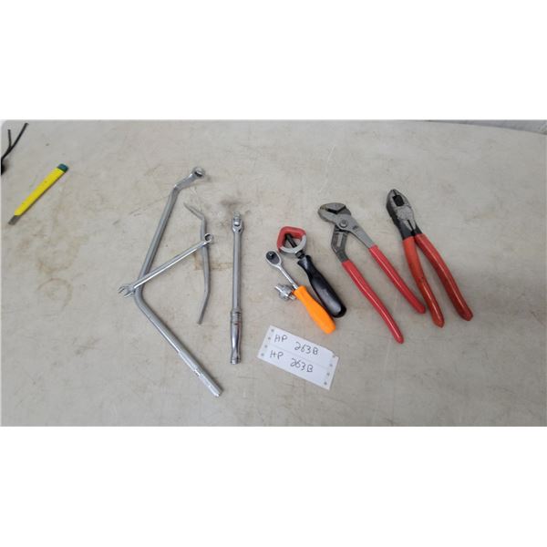 Assorted Hand Tools: Snap-on or mac Ratchet, Pliers, pry