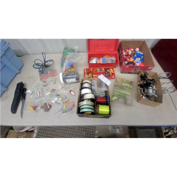 Fishing Lot: Lures, Reels, Line Spools, Tackle Boxes, Bobbers, Weights, Rod Holders