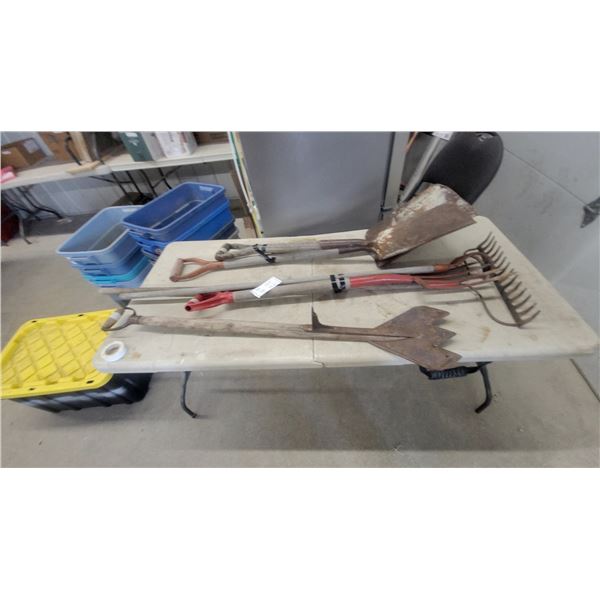 Assorted Gardening Tools Including Serrated Hoe, Garden Fork, Cultivator, Shovel, Rake