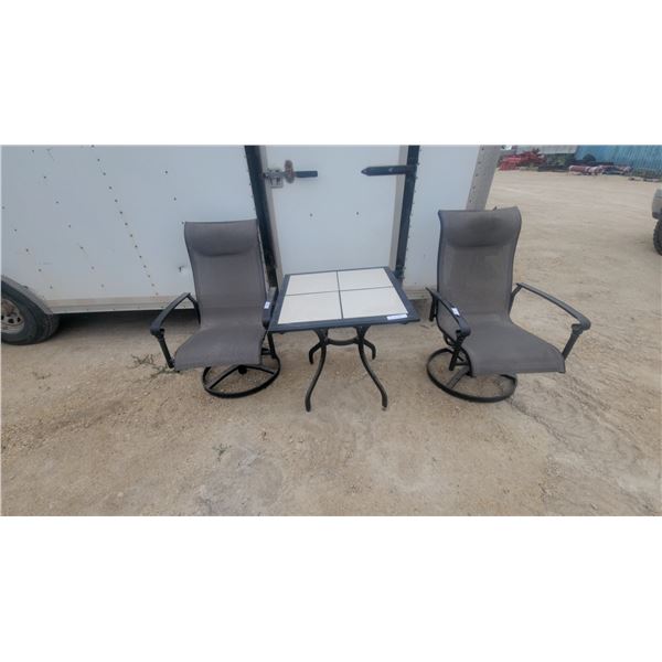Patio Set: Tile-Top Square Table and Two Sling-Fabric Swivel Rocker Chairs
