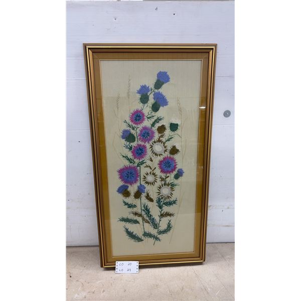 Framed Hand Embroidery of Thistles and Wildflowers on Fabric, Gold-Toned Frame 39 × 21”