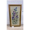 Image 1 : Framed Hand Embroidery of Thistles and Wildflowers on Fabric, Gold-Toned Frame 39 × 21”