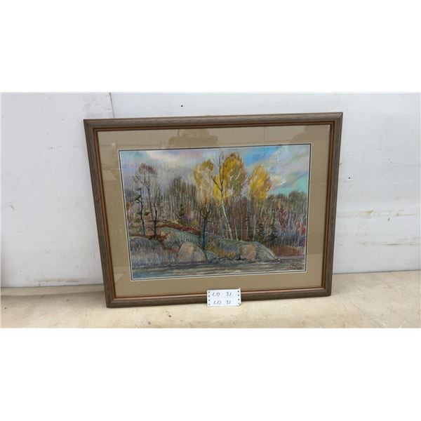 Leo Mol Framed Original Pastel Landscape Painting of Autumn Trees, Rocks, and Water, 23 × 29”