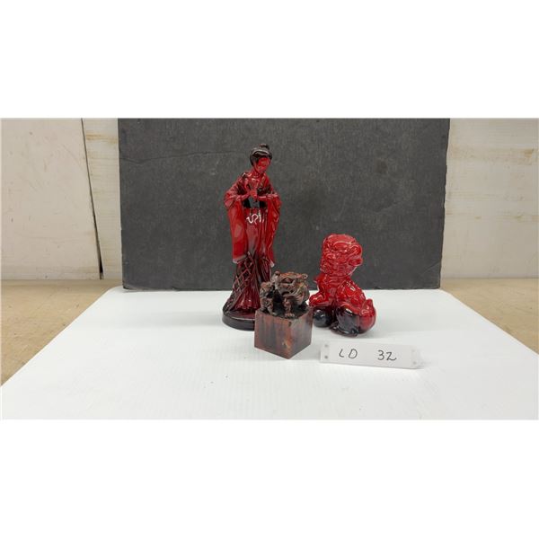 Royal Doulton Flambé Geisha Figurine, 9 1/2” Tall, Foo Dog Figurine, and Carved Wooden Foo Dog Seal