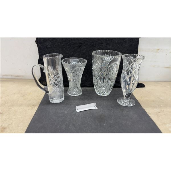 Cut Lead Crystal Pitcher, Vases, and Footed Vase With Geometric Starburst Patterns, Tallest 10”