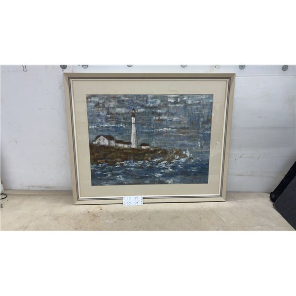 Framed Impasto Lighthouse Painting by Maureen Suguez, 27 × 33”